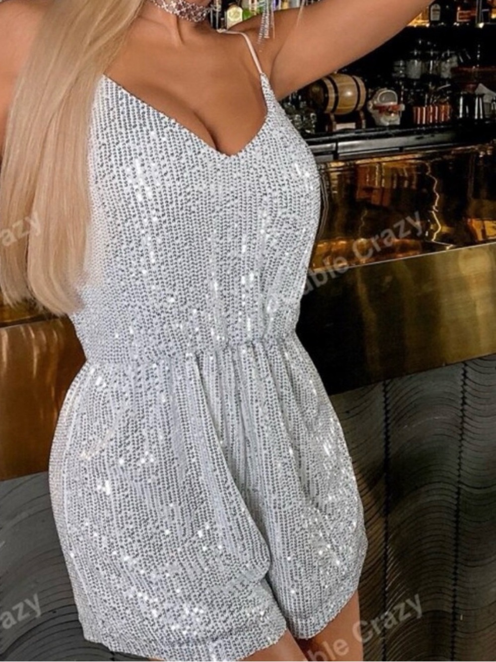 Double Crazy Silver/white Sequin Spaghetti-Strap Romper